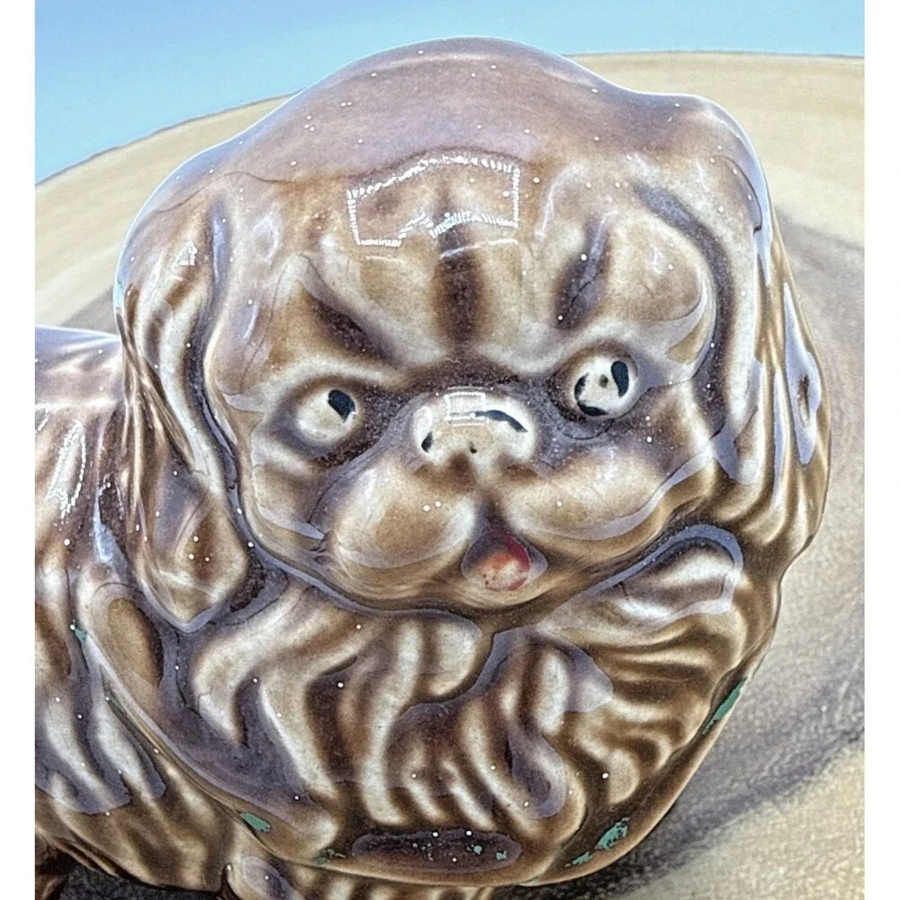 Vintage Porcelain Pekingese Figurine Pekingese Brown Dog W/Green Bow 3.5